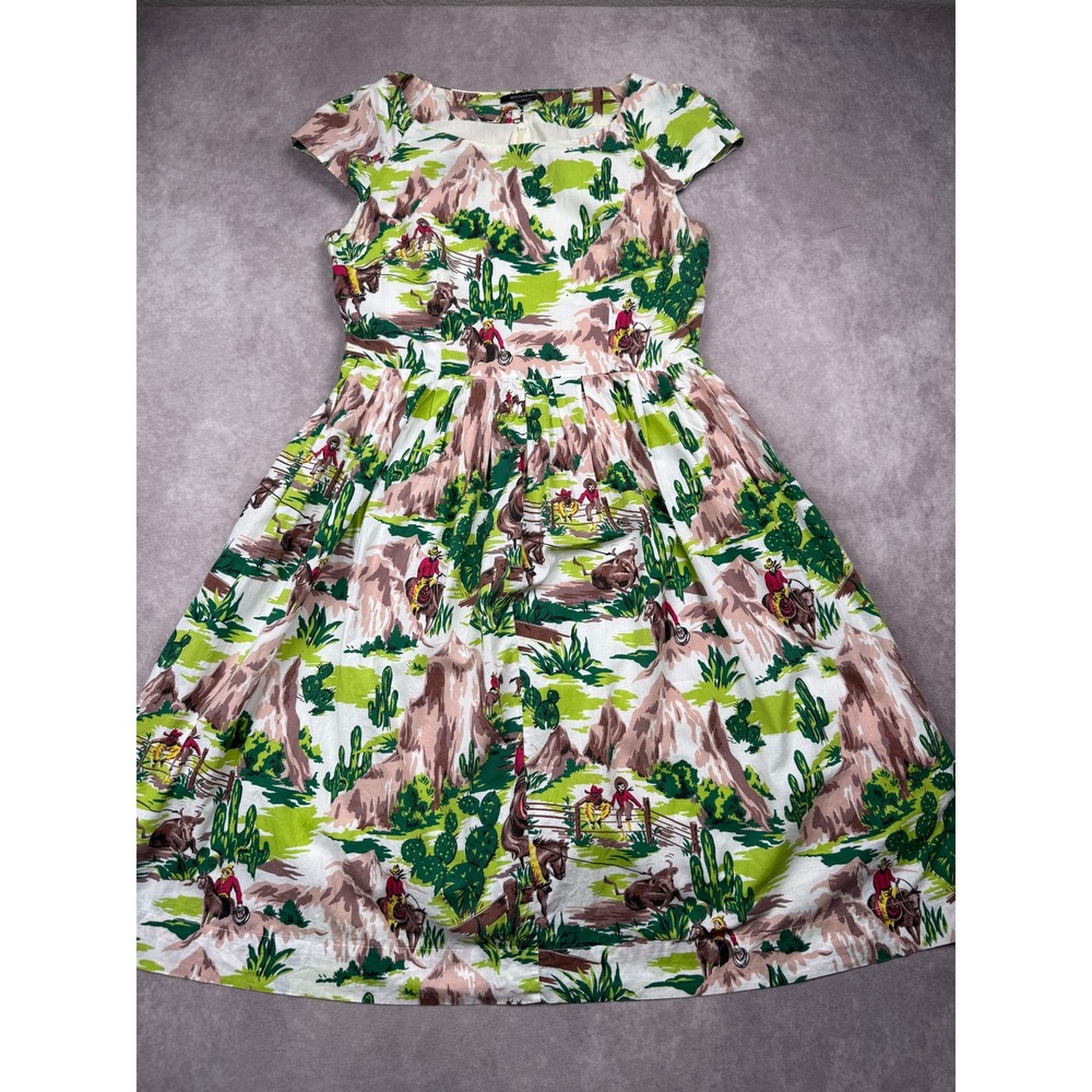 Emily and Fin Western Cowboy Novelty Print Cotton Fit Flare Dress M Cap Lined